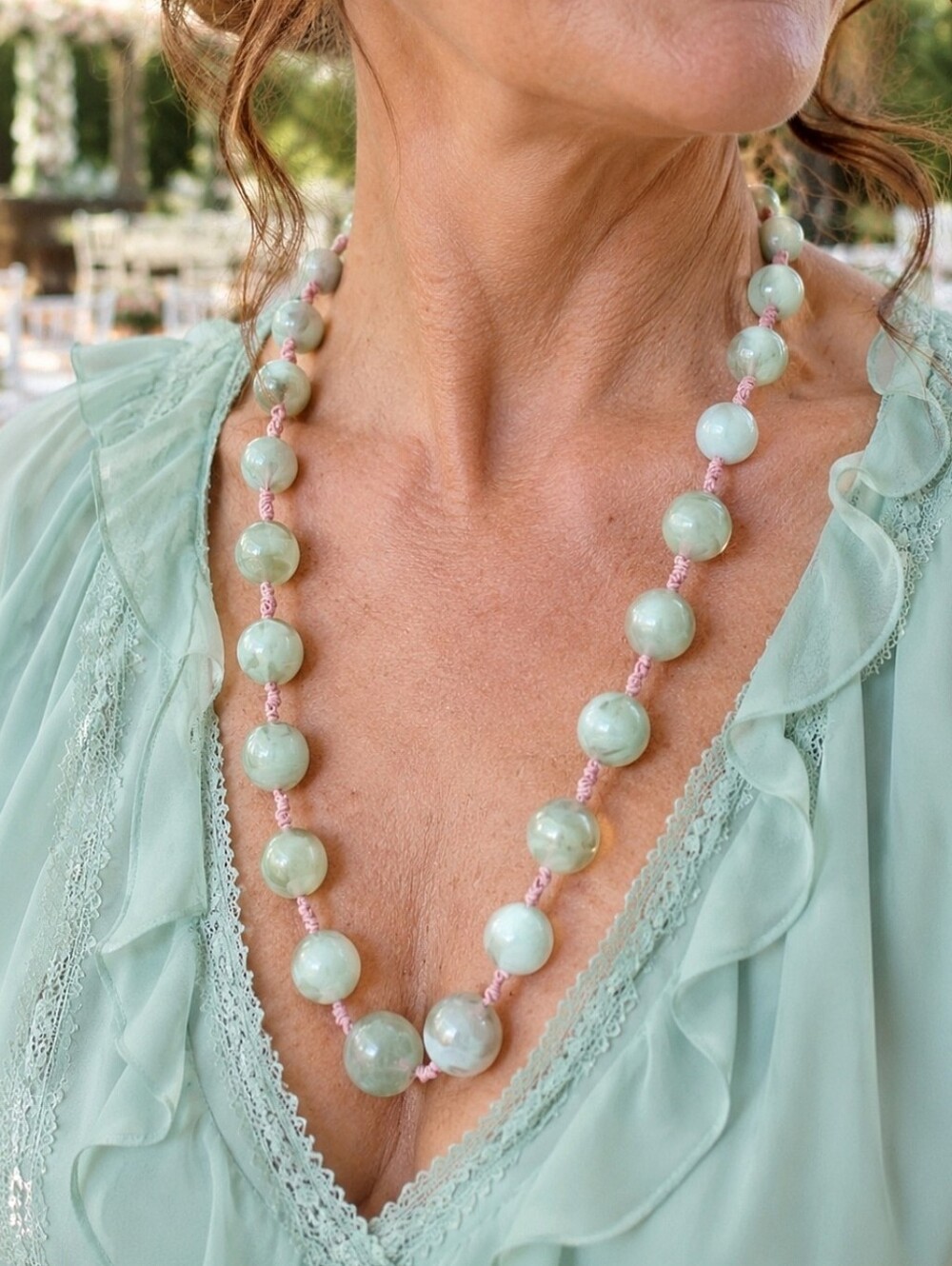 Mint Green Lucite Plastic Swirl Beads Bauble Necklace With Pink Satin Ribbon EUC